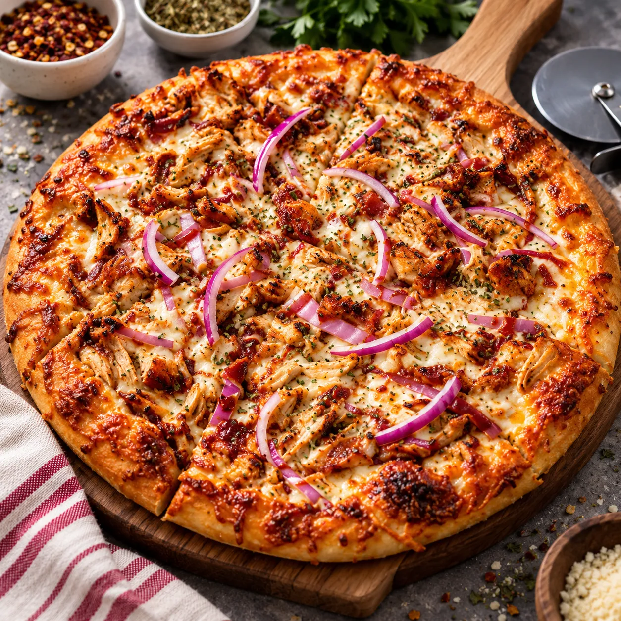 BBQ chicken pizza baked fresh at Cravings And Delight in Edmonton, AB