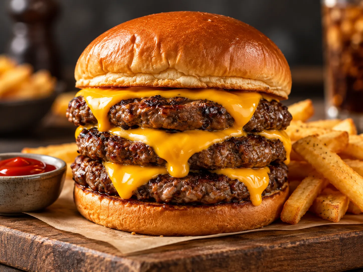 Triple beef patty cheese burger grilled to order in southwest Edmonton, AB